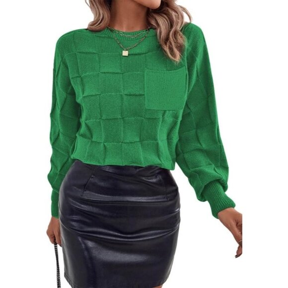 Women's Casual Crewneck Long Sleeve Lightweight Checkered Knit Pullover Sweater - Picture 3 of 5